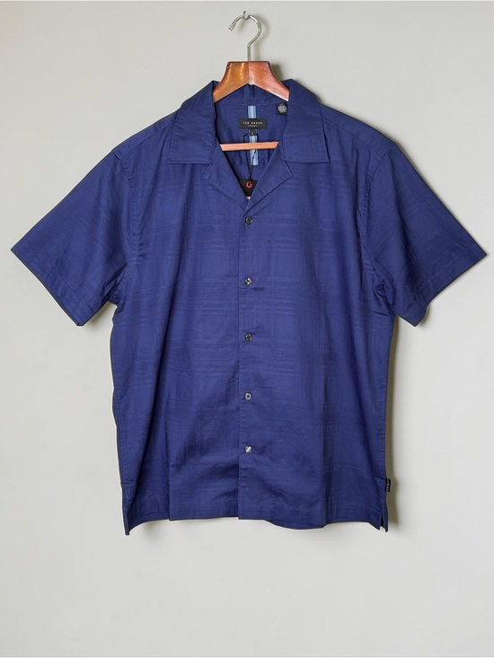 Ted Baker London Other - NWT Ted Baker Textured Camp Shirt Midnight Sail Navy Blue Plaid Size L